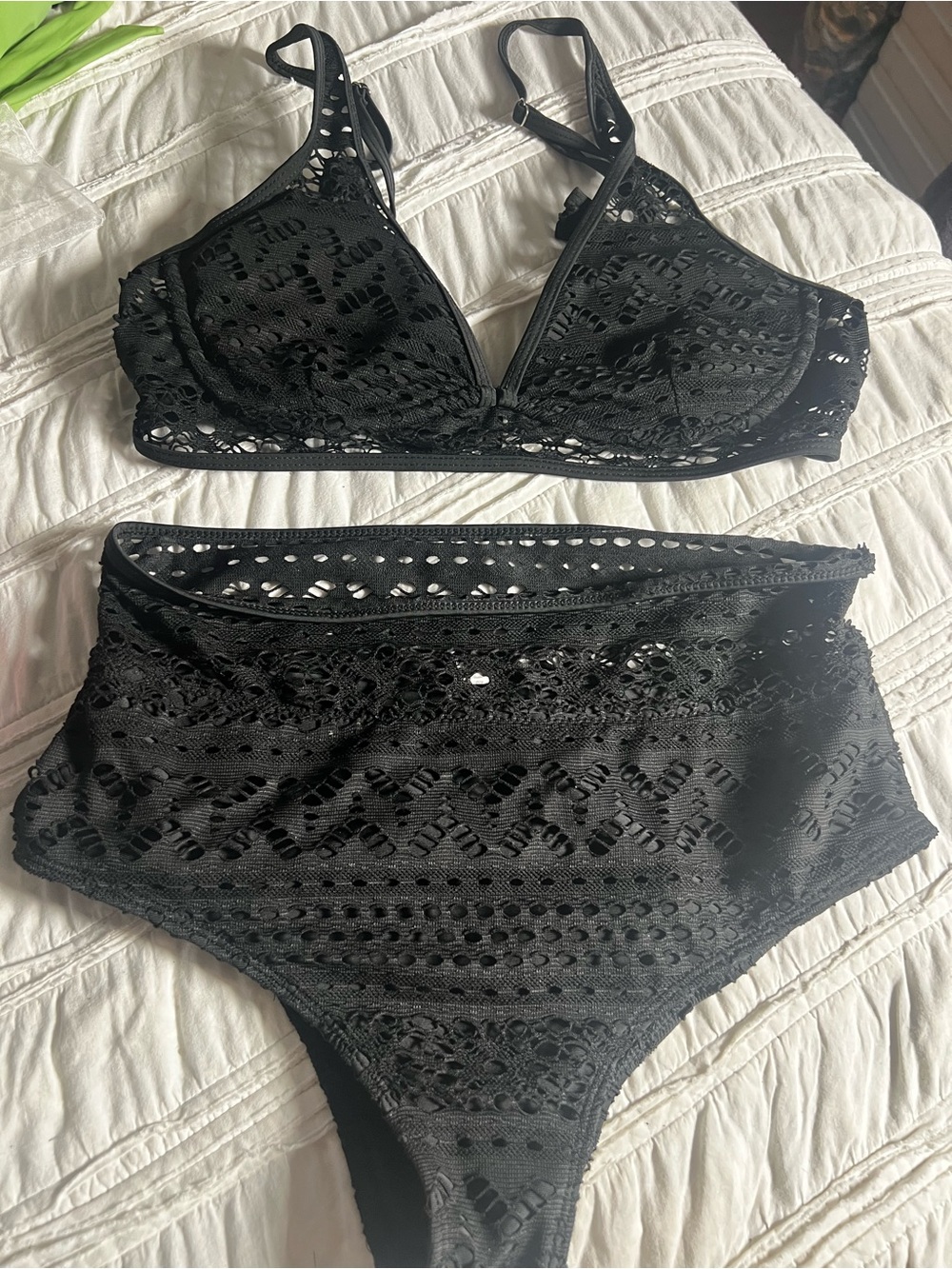 Black Crochet High-Waist Bikini - Supportive Bralette Top